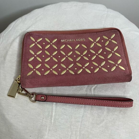 Michael Kors Large Zip Around Suede Wallet Rose Pink Gold Detail Clutch Case - Picture 10 of 10